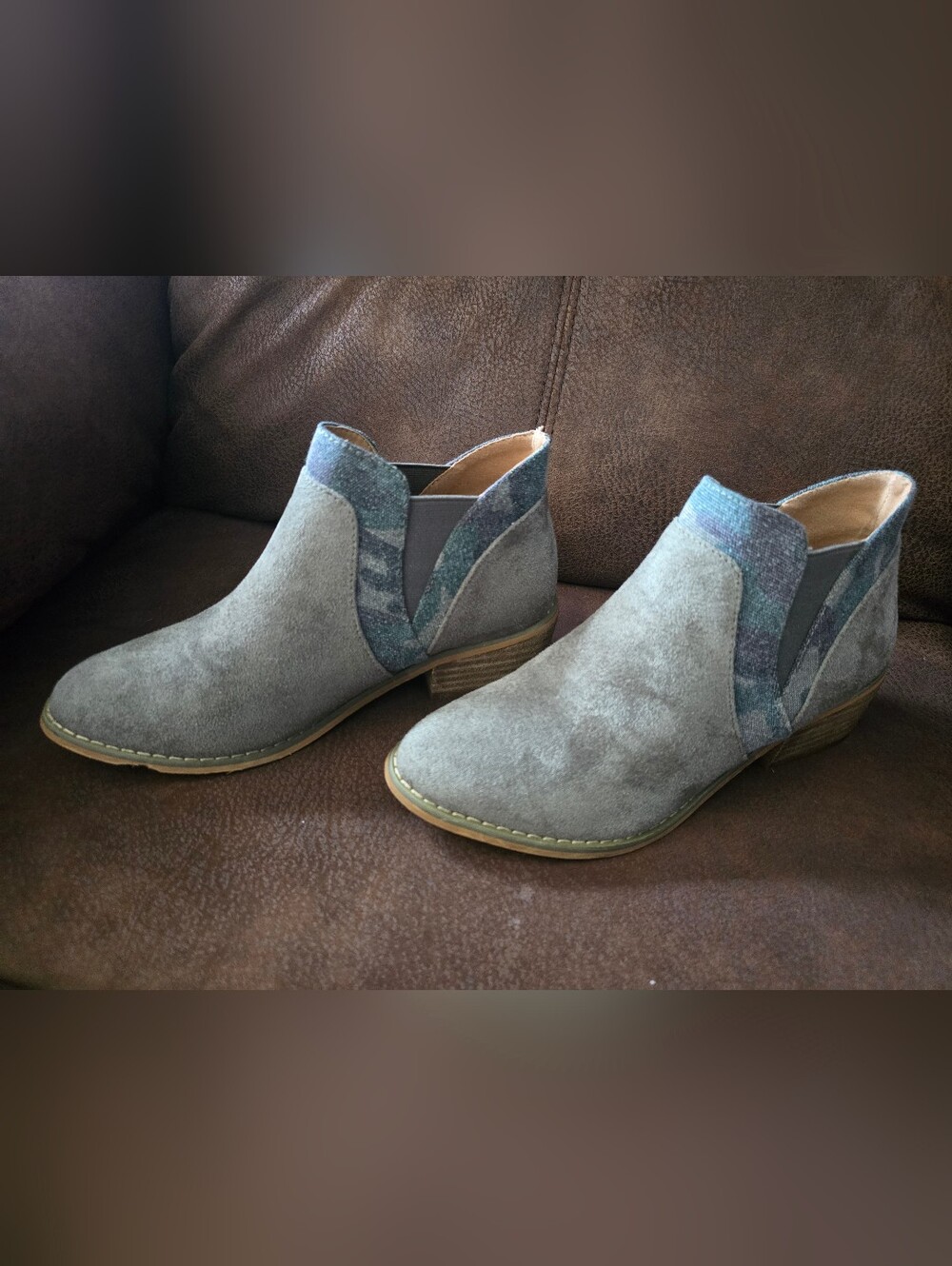 Women's Olive Suede Ankle Boots with Camo Accent